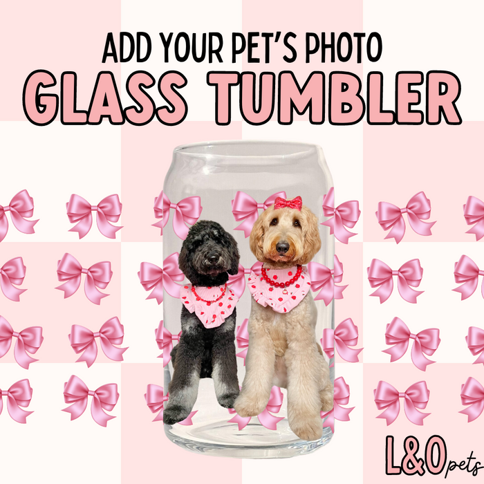 Custom Pet Portrait, Pink Bows 16oz Glass Tumbler With Lid & Straw