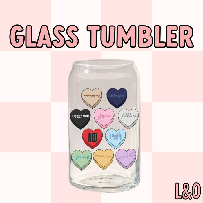 Swiftie Album Hearts 16oz Glass Tumbler With Lid & Straw, Swiftie, Valentines Day, Eras
