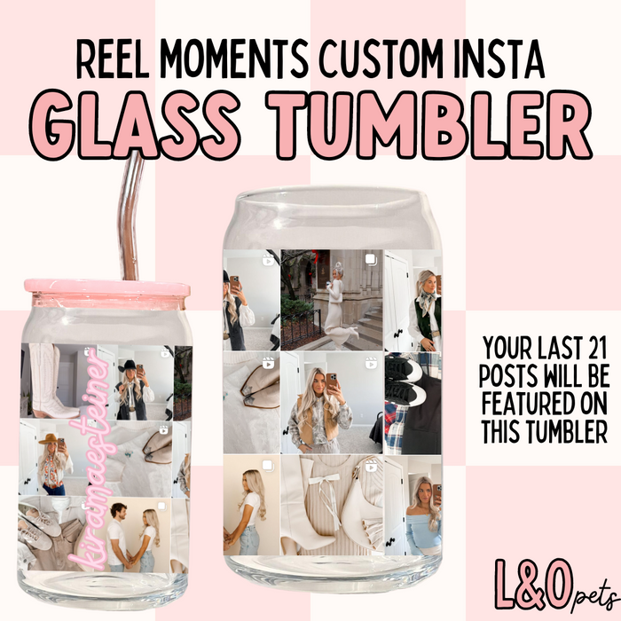 Pink Reel Moments, Real Sips Insta 16oz Glass Tumbler With Lid & Straw, Instagram