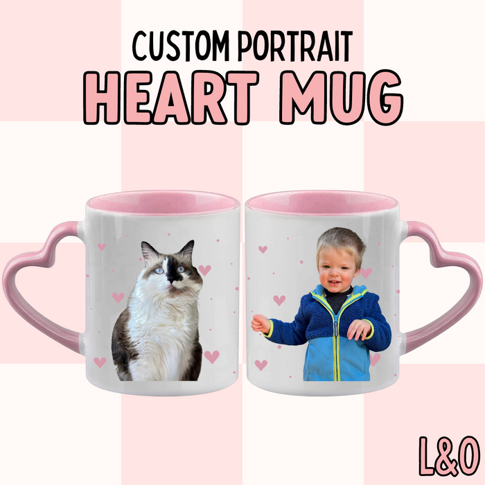 Custom Heart Mug, Ceramic 11oz Mug With A Heart Handle, Portrait Mug