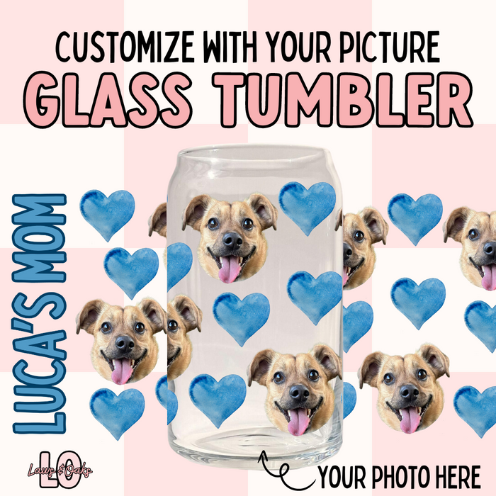 Custom Portrait Tumbler, Blue Hearts 16oz Glass Tumbler With Lid & Straw, Add Up To Four Pictures