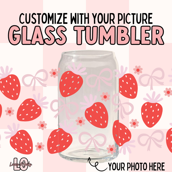 Custom Strawberries & Bows 16oz Glass Tumbler with a Plastic Colored Lid & Glass Straw Included, High Quality UVDTF printed tumbler cup