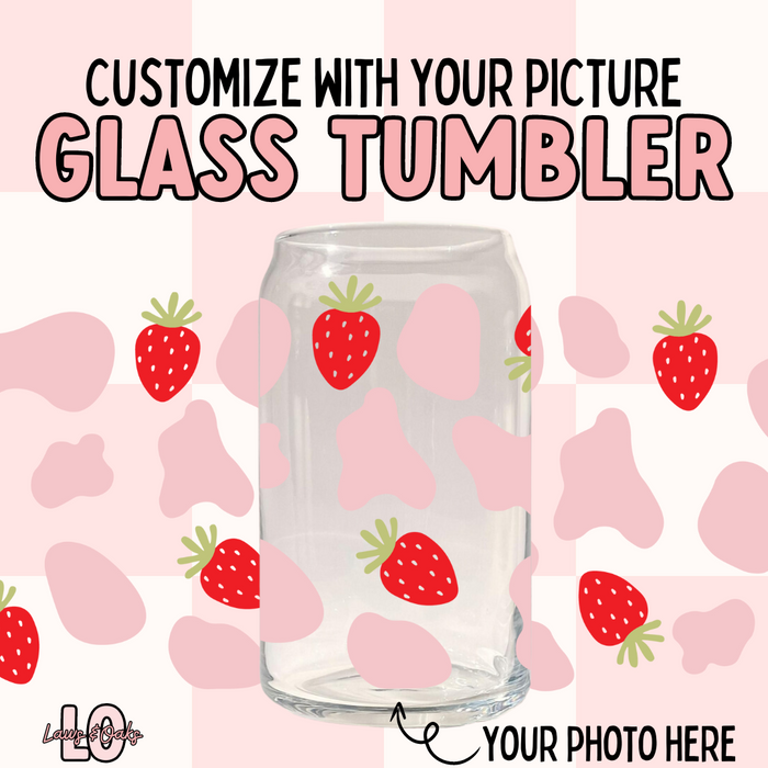 Custom Strawberry Milk 16oz Glass Tumbler with a Plastic Colored Lid & Glass Straw Included, High Quality UVDTF printed tumbler cup
