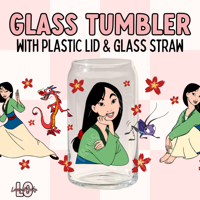 Mulan Inspired 16oz Glass Tumbler with a Plastic Colored Lid & Glass Straw Included, High Quality UVDTF printed tumbler cup