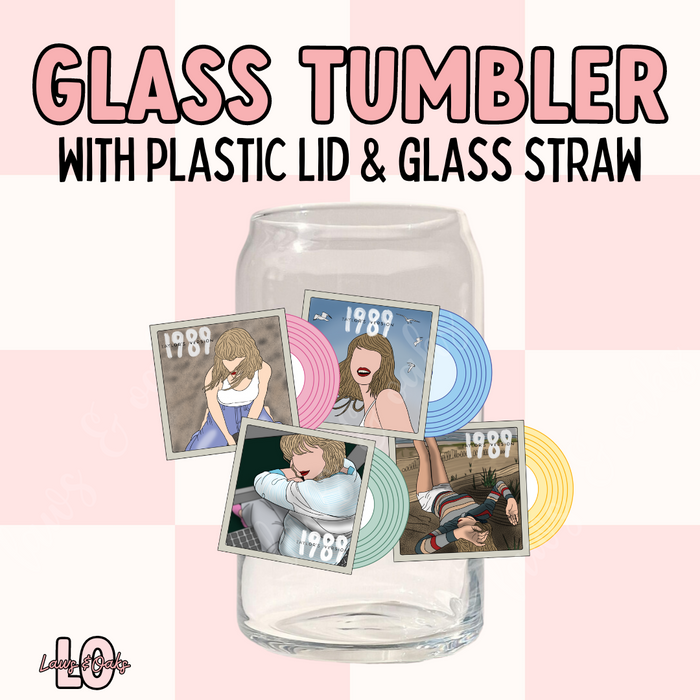1989 Swiftie 16oz Glass Tumbler with a Plastic Colored Lid & Glass Straw Included, High Quality UVDTF printed tumbler cup