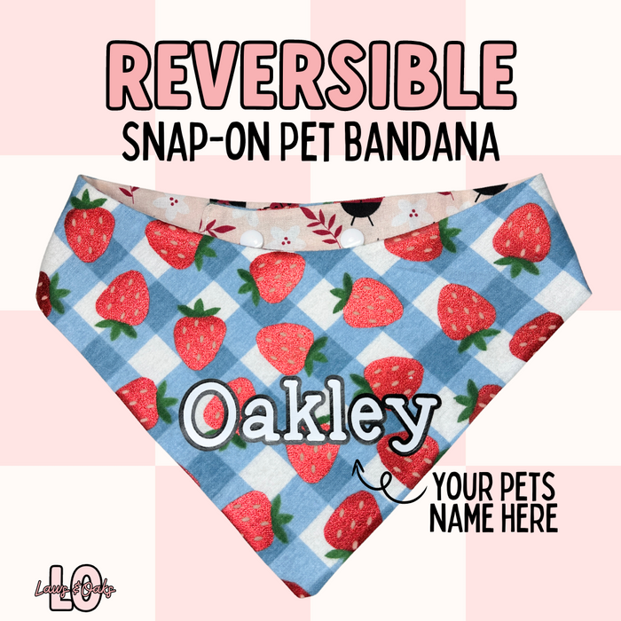 Limited Strawberry Picking Reversible Snap-on Pet Bandana with Name Included, Dog Bandana, Cat Bandana, Pet Accessories