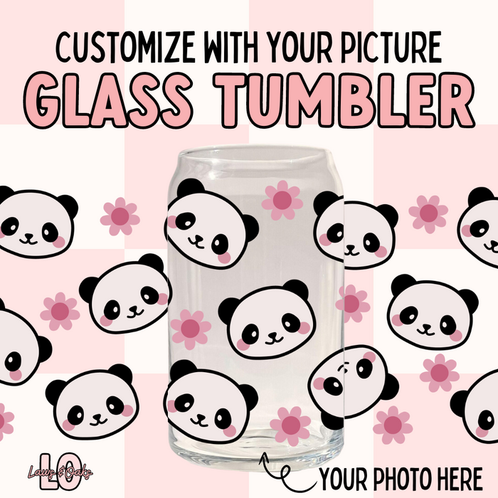Custom Pandas & Flowers 16oz Glass Tumbler with a Plastic Colored Lid & Glass Straw Included, High Quality UVDTF printed tumbler cup