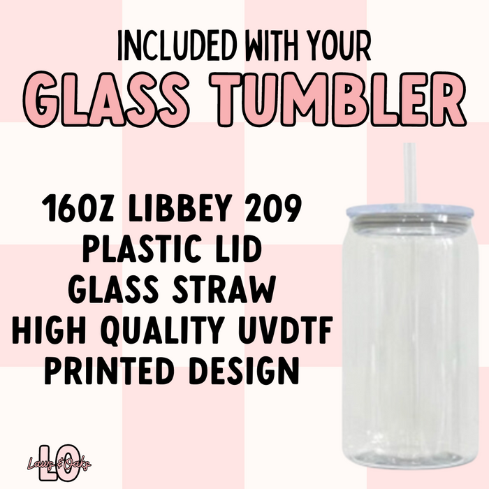Custom Strawberry Milk 16oz Glass Tumbler with a Plastic Colored Lid & Glass Straw Included, High Quality UVDTF printed tumbler cup