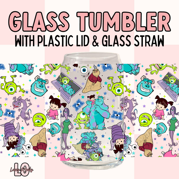 Monsters Inspired 16oz Glass Tumbler with a Plastic Colored Lid & Glass Straw Included, High Quality UVDTF printed tumbler cup