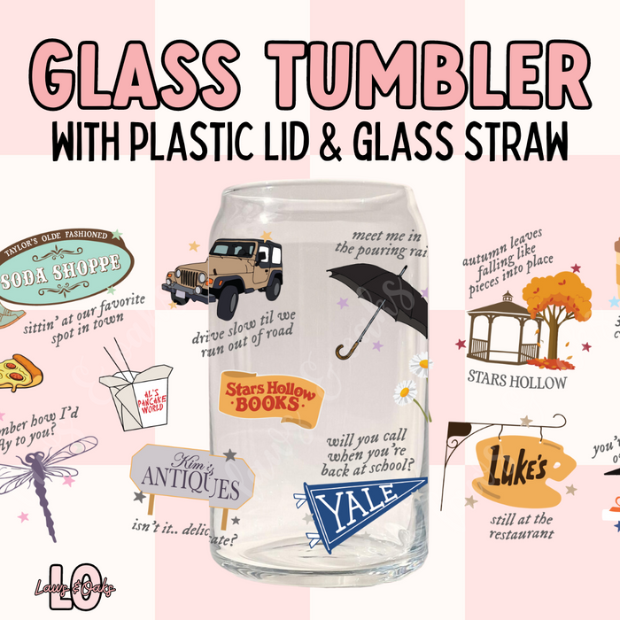 Taylor in Stars Hollow 16oz Glass Tumbler with a Plastic Colored Lid & Glass Straw Included, High Quality UVDTF printed tumbler cup