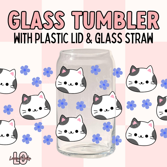 Cats 16oz Glass Tumbler with a Plastic Colored Lid & Glass Straw Included, High Quality UVDTF printed tumbler cup