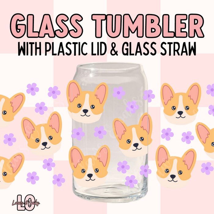 Corgi 16oz Glass Tumbler with a Plastic Colored Lid & Glass Straw Included, High Quality UVDTF printed tumbler cup